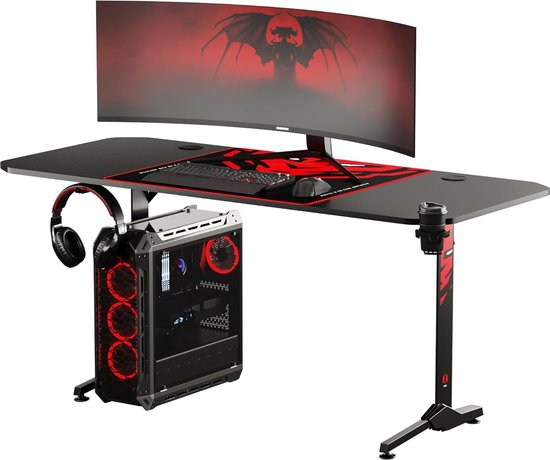 sogesfurniture BHEU-NE-1675 Gamingtafel, met muismat, bekerhouder en hoofdtelefoonhaak, 160 x 70 x 75 cm, zwart