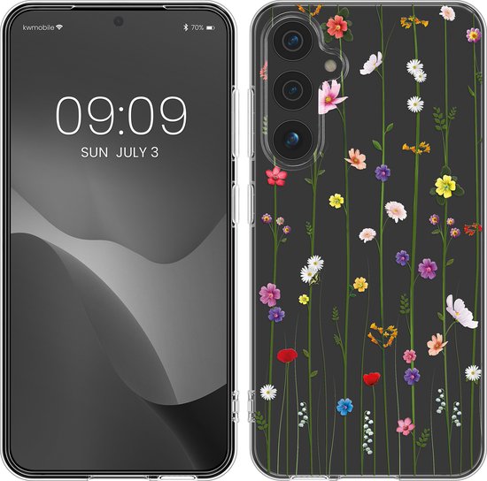 Voor- en achterkant van een telefoonhoesje met een print van groene stengels en wilde bloemen in diverse kleuren op een zwarte achtergrond.