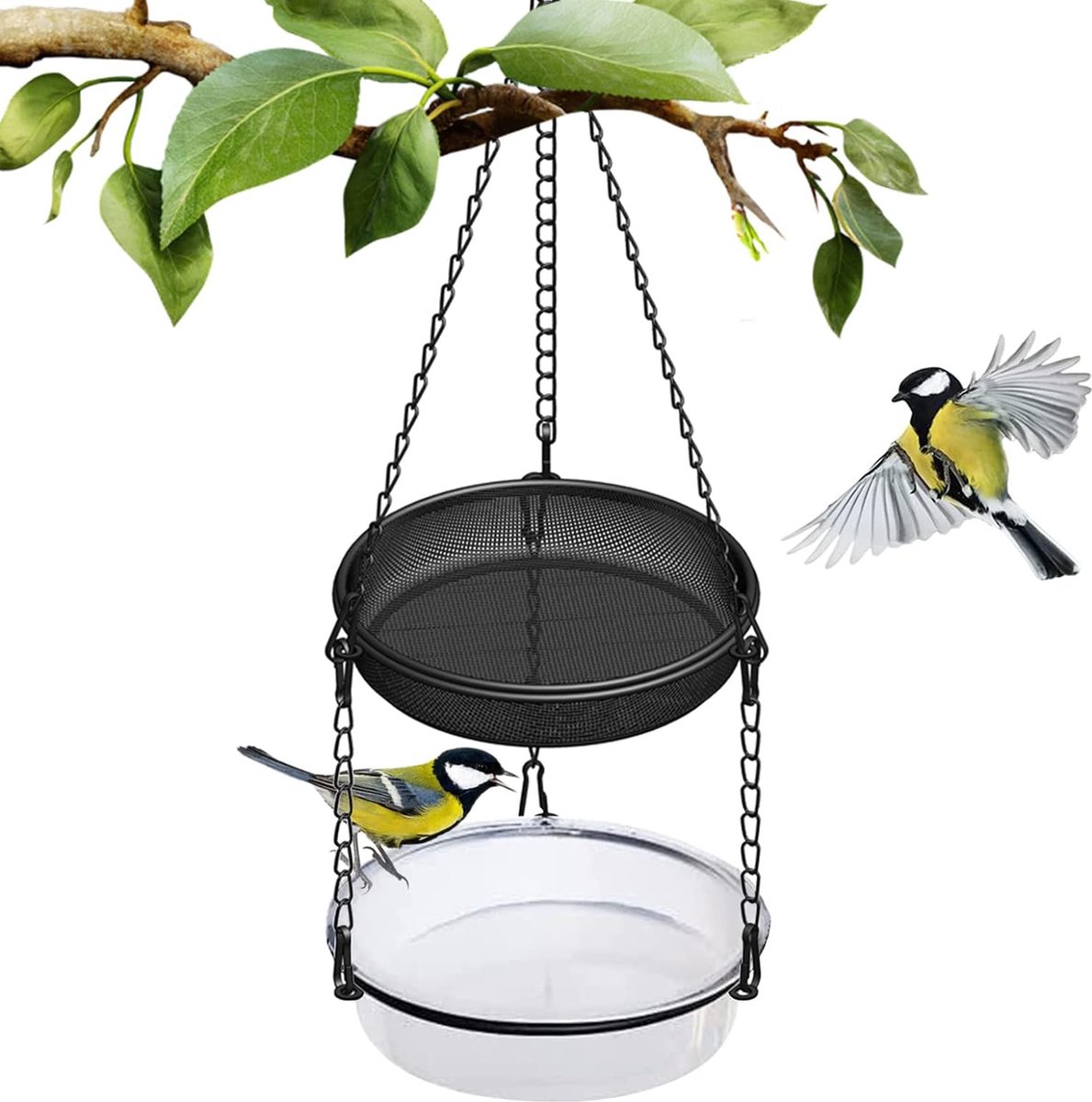 Vogelvoederdispenser om op te hangen, metaal, roestvrij staal, vogelbadje, hangend kunststof, vogelbad voor tuin, balkon, decoratie buiten, voederhuisje voor vogels, waterdrinkbakken, bouwpakket (zwart)
