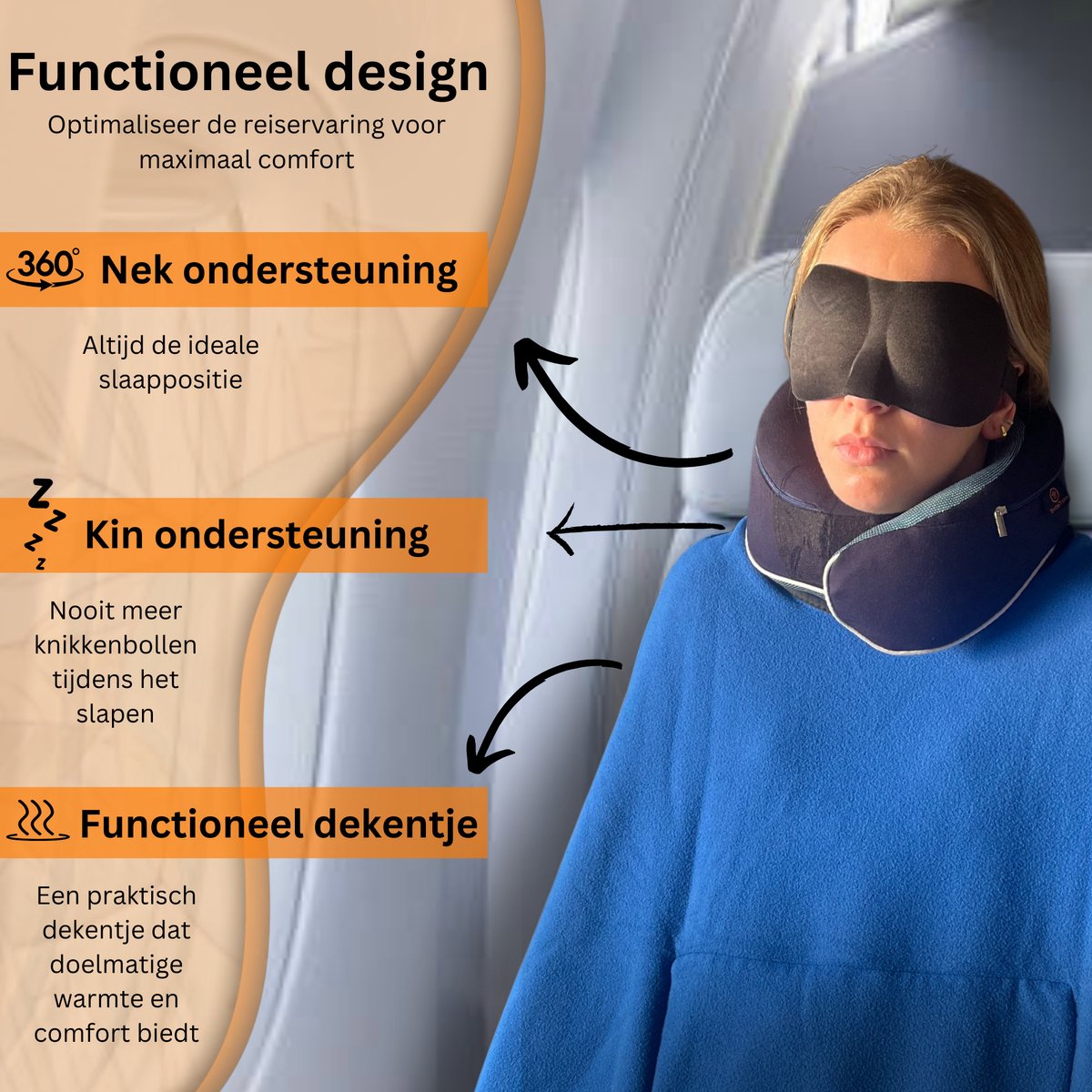 Nekkussen vliegtuig, nekkussen voor volwassenen, reiskussen traagschuim, verstelbaar compact nekkussen voor reizen, met oordopjes, oogmasker, opbergdoos (zwart