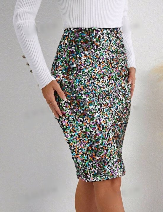 Belle jupe sexy et élégante à paillettes colorées extensibles taille XL
