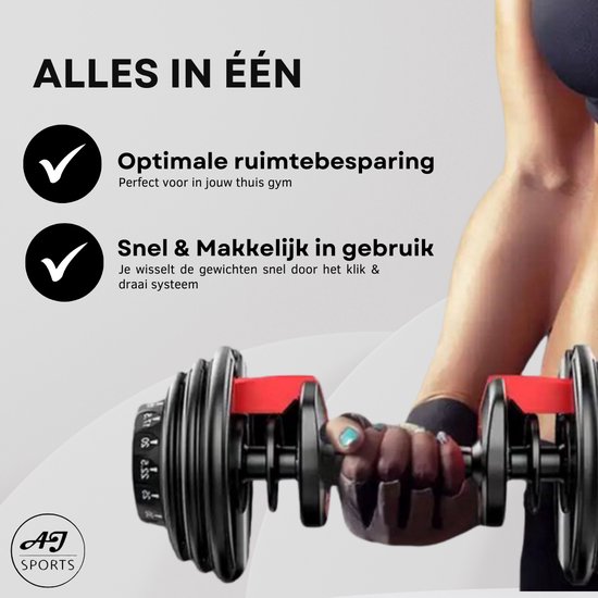 AJ-Sports Verstelbare Dumbell 24 KG - 2kg t/m 24kg - Dumbells set - Gewichten set - Halterset - Fitness gewichten - Krachttraining - Fitness - Gym - Sport - 15 Dumbells in één! - Let op PER STUK = 1 Dumbbell!