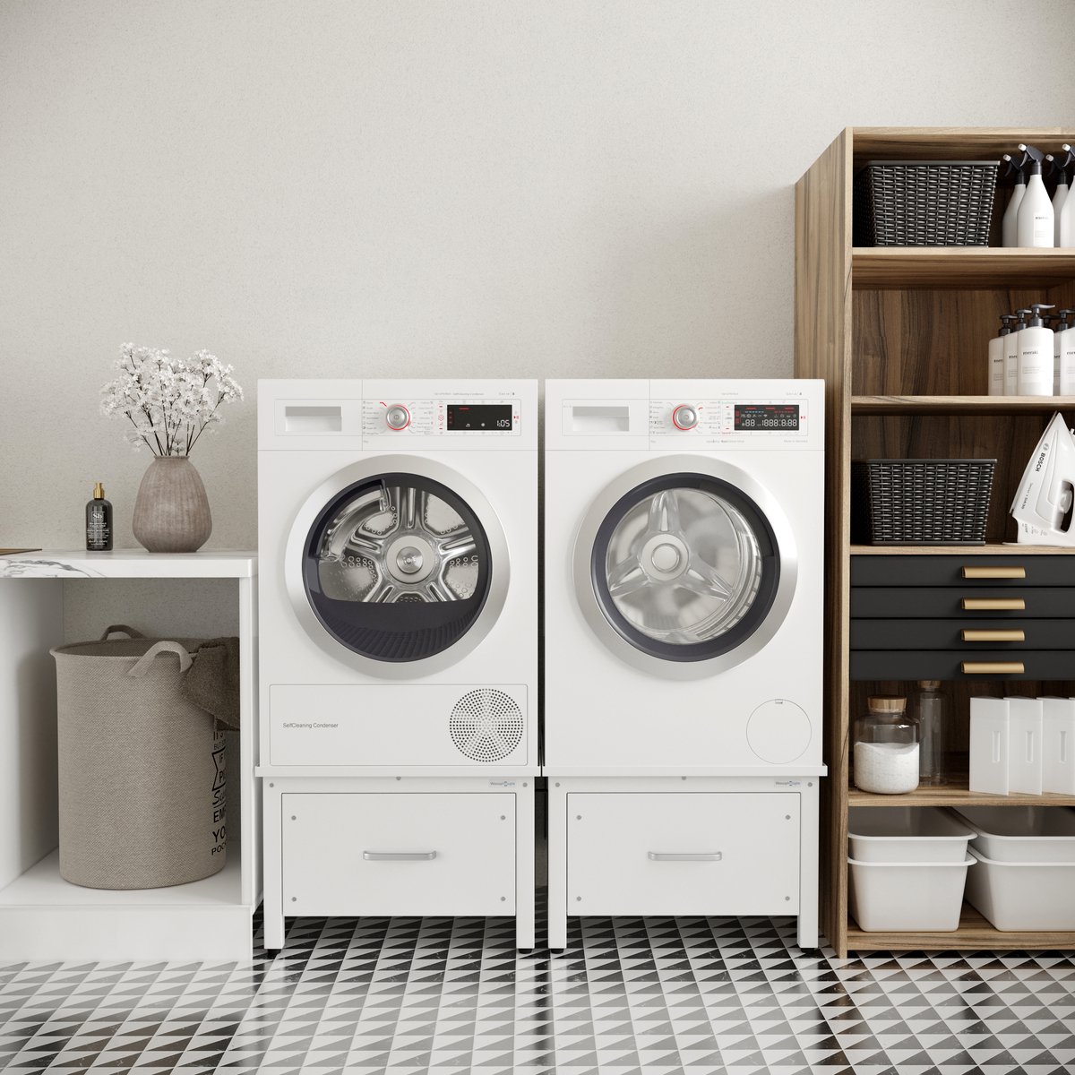 Wasophoogte® Wasmachine verhoger met lade - Wasmachine opbouwmeubel - Wasmachine sokkel - 42cm hoog - Wit - Universeel - Dubbel - Inclusief Lekbak thumbnail 5