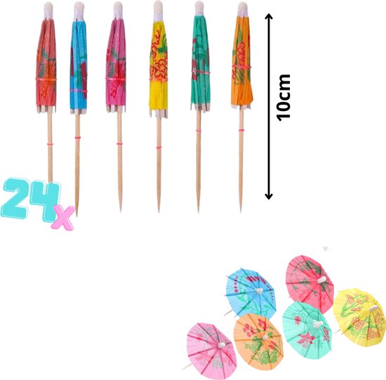 Cocktailprikkers 10cm - Set van 24 stuks - Tapas prikkers - Cocktail prikkers - Satéstokjes - Traktaties/Hapjes prikkers/stokjes - Verjaardag - Feestje - Cocktailprikkers Parasols - Feestprikkers - Parasol - Paraplu satéprikkers - Traktatieprikkers