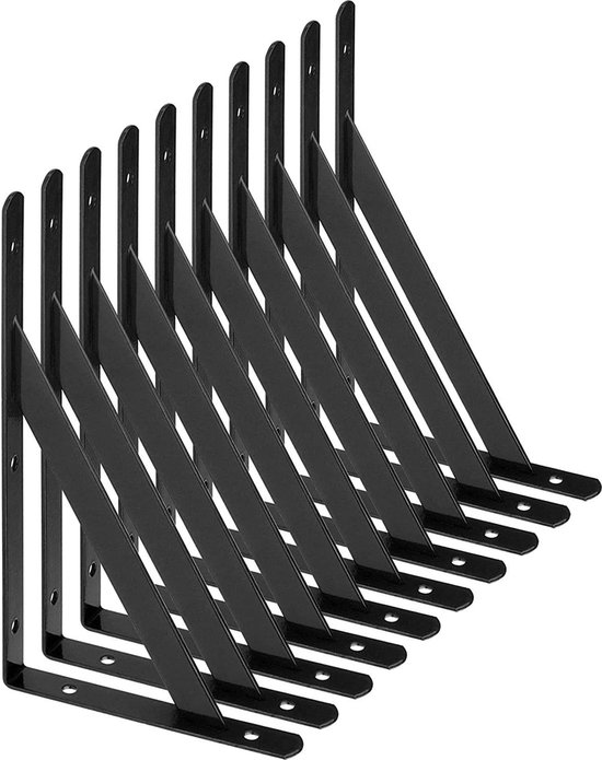 10 stuks plankbeugels zware 90 graden wandhoekplankbeugel metalen plankbeugels met schroeven wandplankbeugels ijzeren plankbeugels voor hoekplanken (200 x 120 mm), zwart