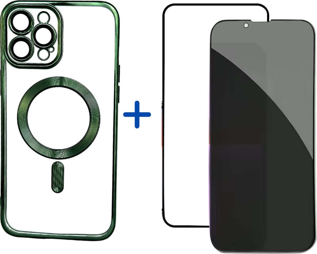 Optimity Hoesje voor iPhone 15 Pro Siliconen (Transparant) Magnetisch Groen + Privacy Anti-Spy Gehard Glas Schermbeschermer
