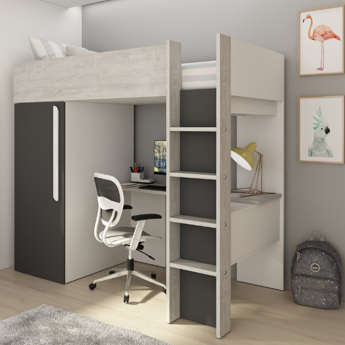Antraciet Hoogslaper Bo9 90x200 Cm Met Bureau En Kast - Trasman - Hoogslaper - Antraciet; Grijs - Melamine; Spaanplaat Eenpersoons Hoogslaper