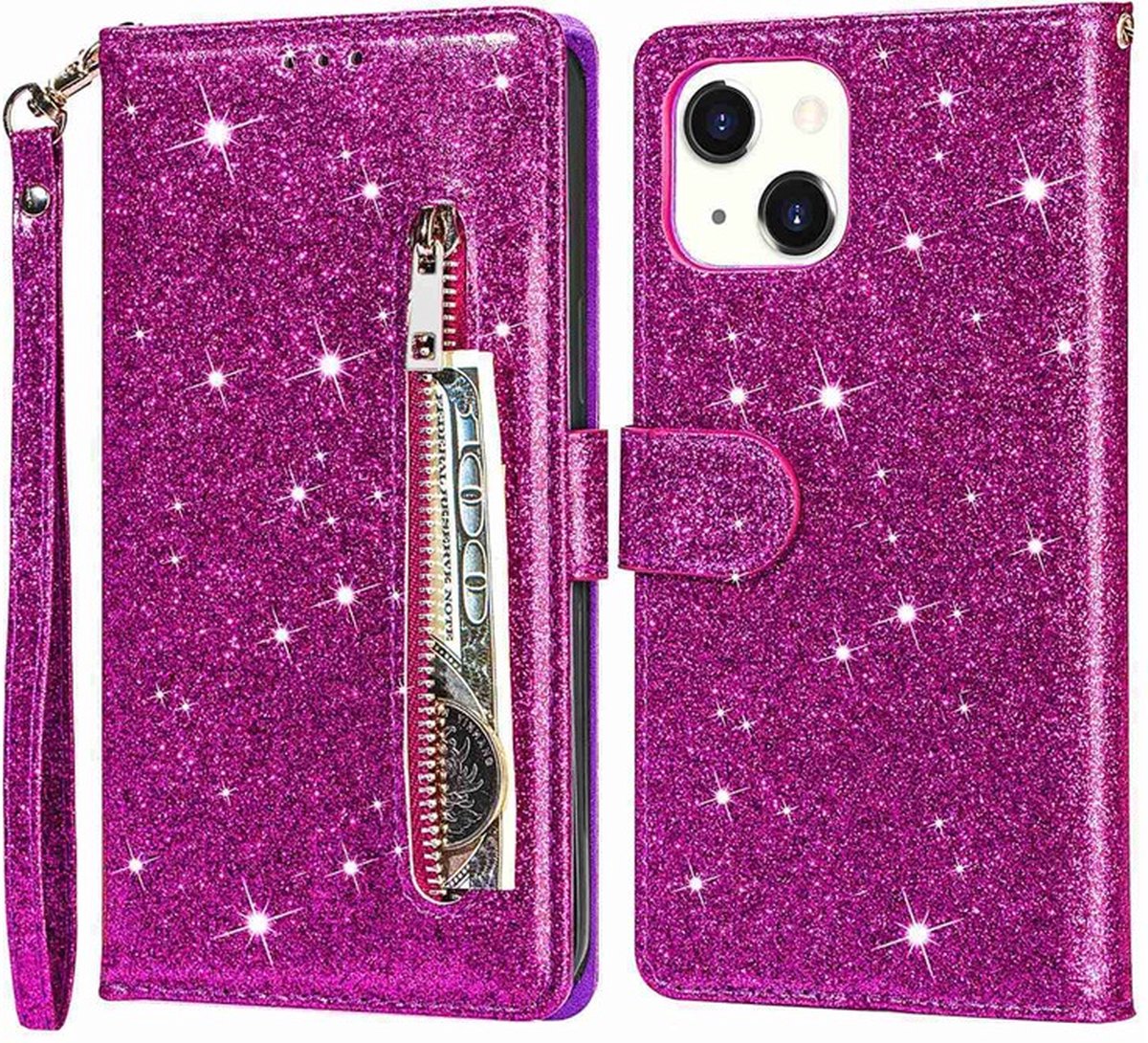 Bookcase Geschikt voor: iPhone 13 Pro Glitter met rits - hoesje - portemonneehoesje - Paars