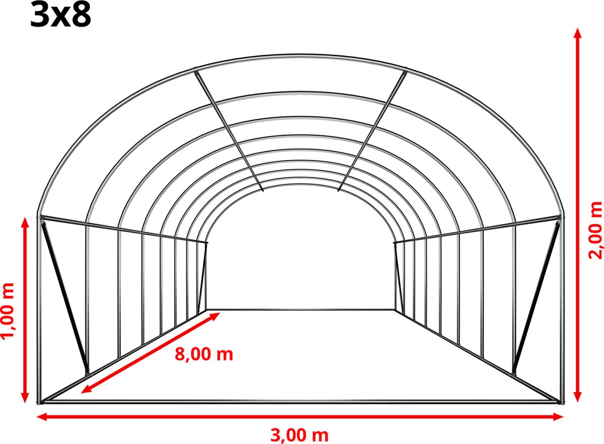 Tunnelkas 3x8m PE-zeil 180g/m² wit transparant
