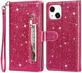 Glitter Bookcase Hoesje Geschikt voor: iPhone 14 Pro met rits - hoesje - portemonnee hoesje - Roze - ZT Accessoires