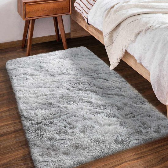 Vloerkleed voor de woonkamer, groot shaggy vloerkleed voor de slaapkamer, afwasbaar pluizig vloerkleed, zacht vloerkleed voor woondecoratie (80 x 150 cm, wit grijs)