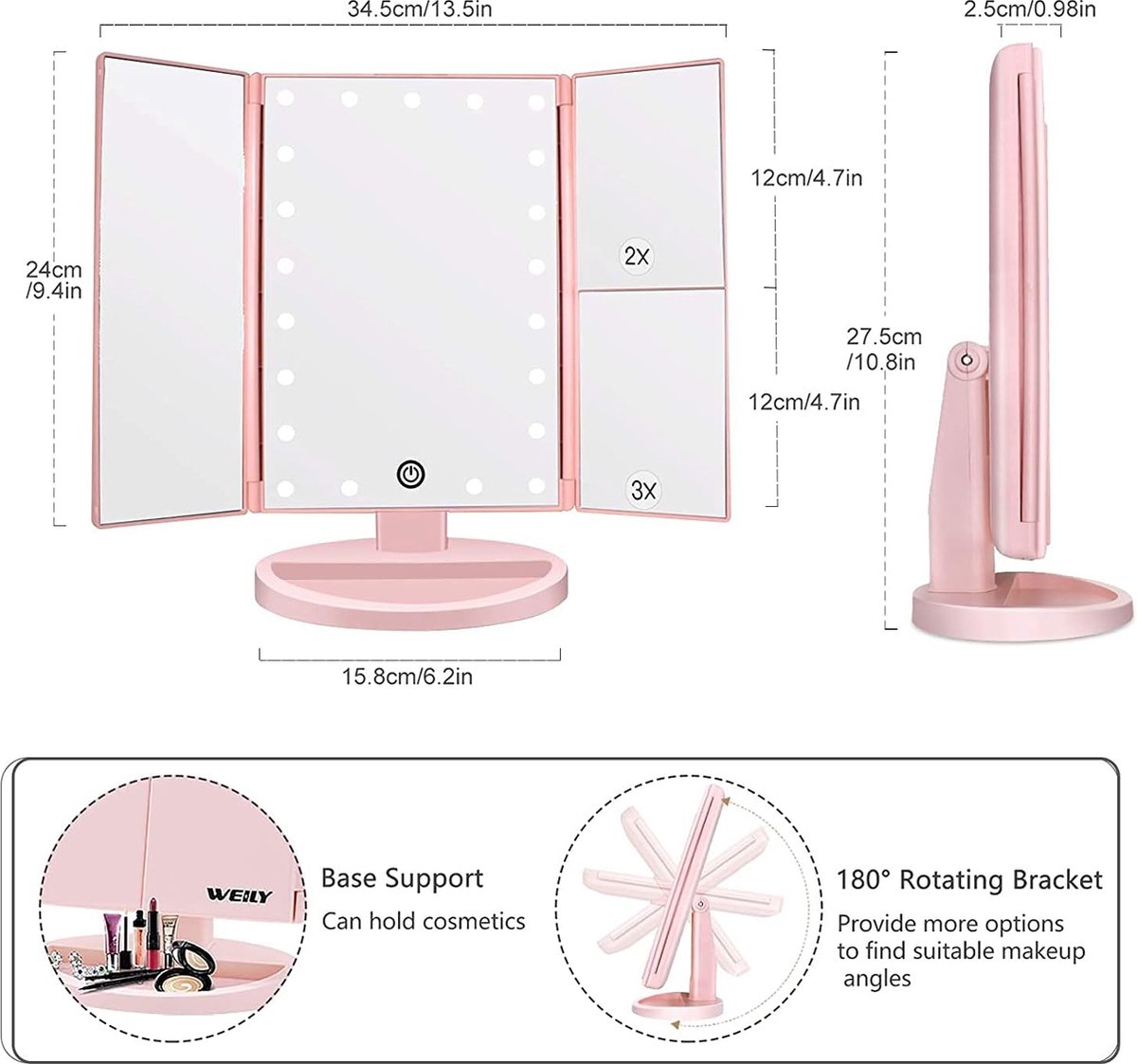 Make-upspiegel, 1 x / 2 x / 3 x drievoudig gevouwen make-upspiegel met 21 ledlampen en verstelbaar touchscreen, verlichte spiegel, make-upspiegel voor werkblad (roze)