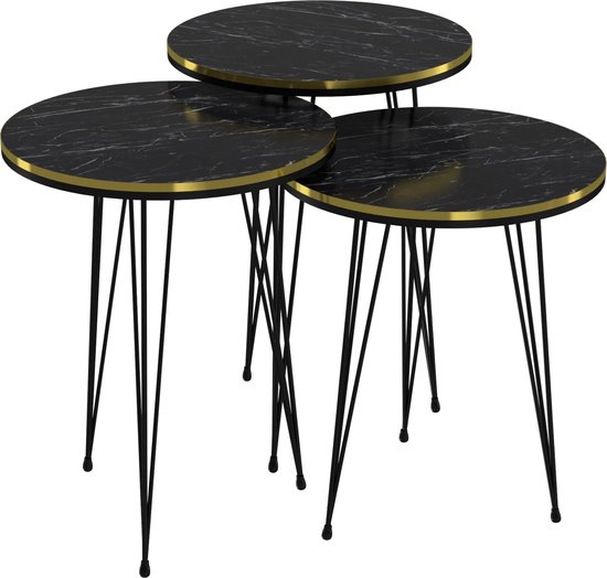 en.casa] Bijzettafel Skibby set van 3 rond marmer wit en goudkleurig