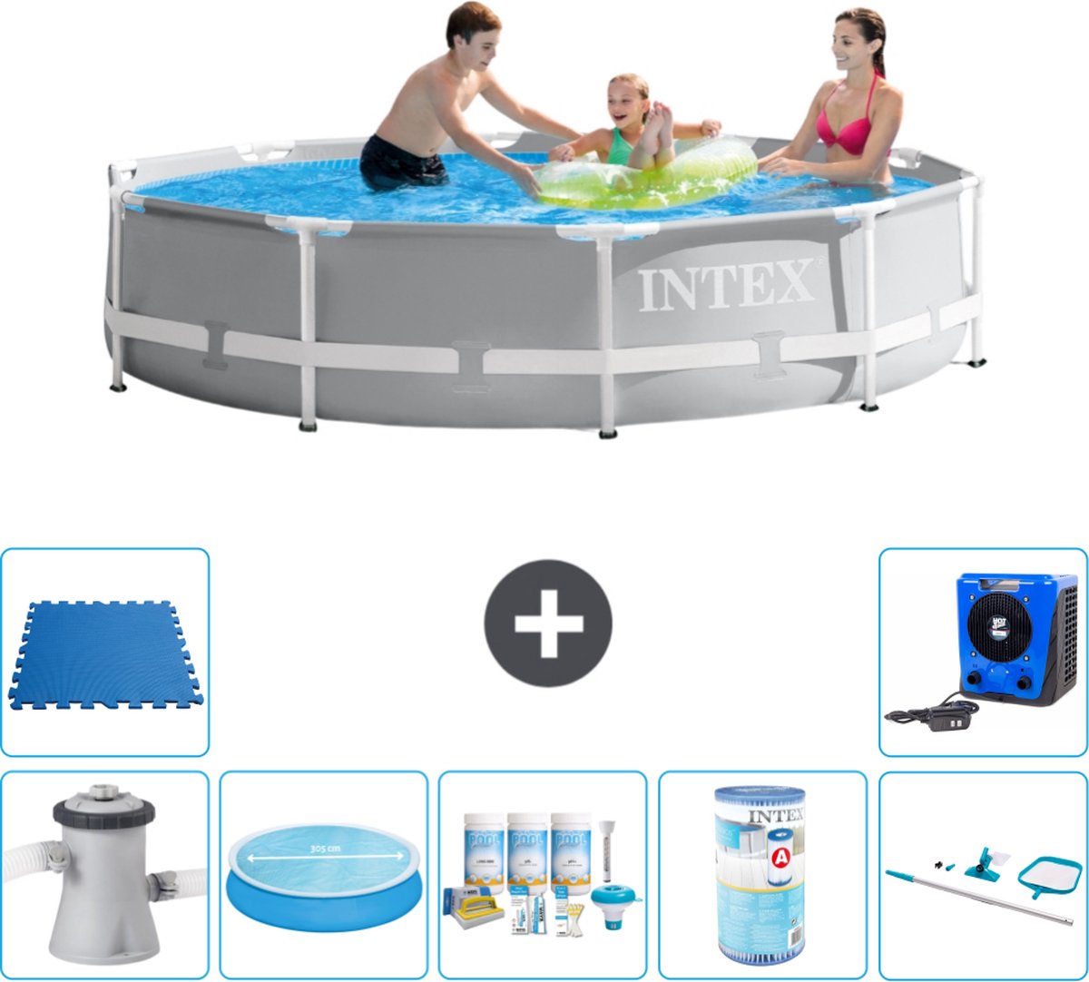 Intex Rond Prism Frame Zwembad – 305 x 76 cm – Grijs – Inclusief Pomp Solarzeil – Onderhoudspakket – Filter – Schoonmaakset – Vloertegels – Warmtepomp
