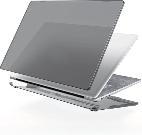 Housse grise pour Microsoft Surface Laptop. La housse est ouverte en trois couches pour montrer l'intérieur de l'ordinateur portable.