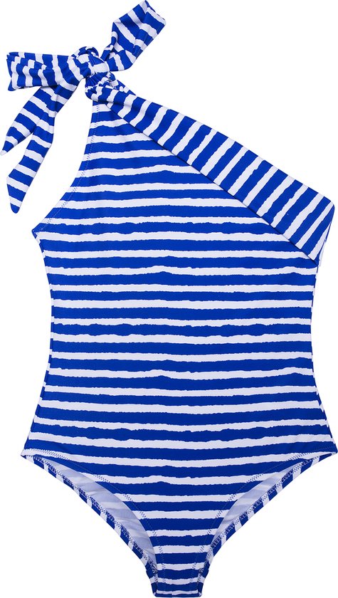 Maillot de bain asymétrique rayures bleu cobalt 164-170