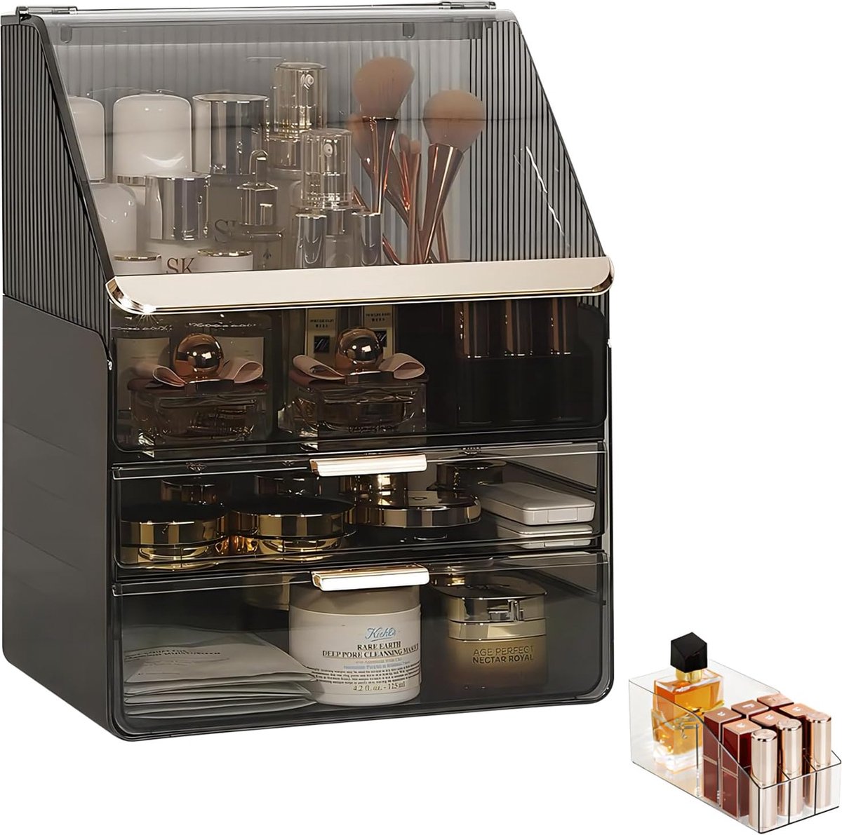 Make-up organizer met laden, stofdichte tweelaagse cosmetische opberger met deksel, grote cosmetische kaptafel organizer, huidverzorging organizer cosmetische organizer voor slaapkamer, badkamer (grijs)