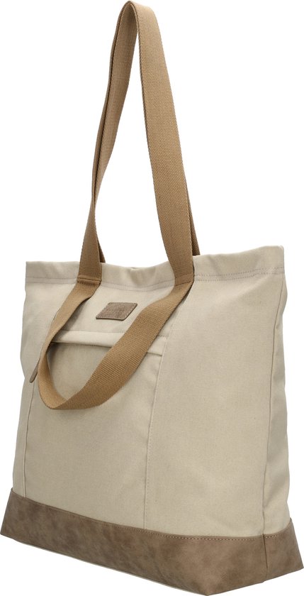 Lichtbruine canvas shopper tas met bruin suède bodem en bruine hengsels. Vak met rits aan de voorkant.