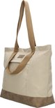 Lichtbruine canvas shopper tas met bruin suède bodem en bruine hengsels. Vak met rits aan de voorkant.