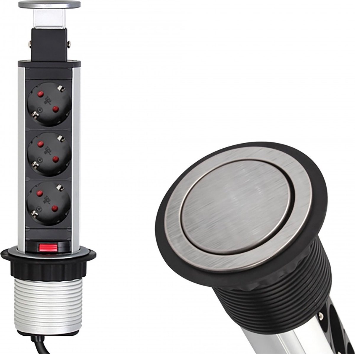 Design Light Liftbox - Stekkerdoos - Pop up verdeelstekker met 3 stopcontacten - Inbouw Stekkerblok met 1.8 meter kabel - Zilver