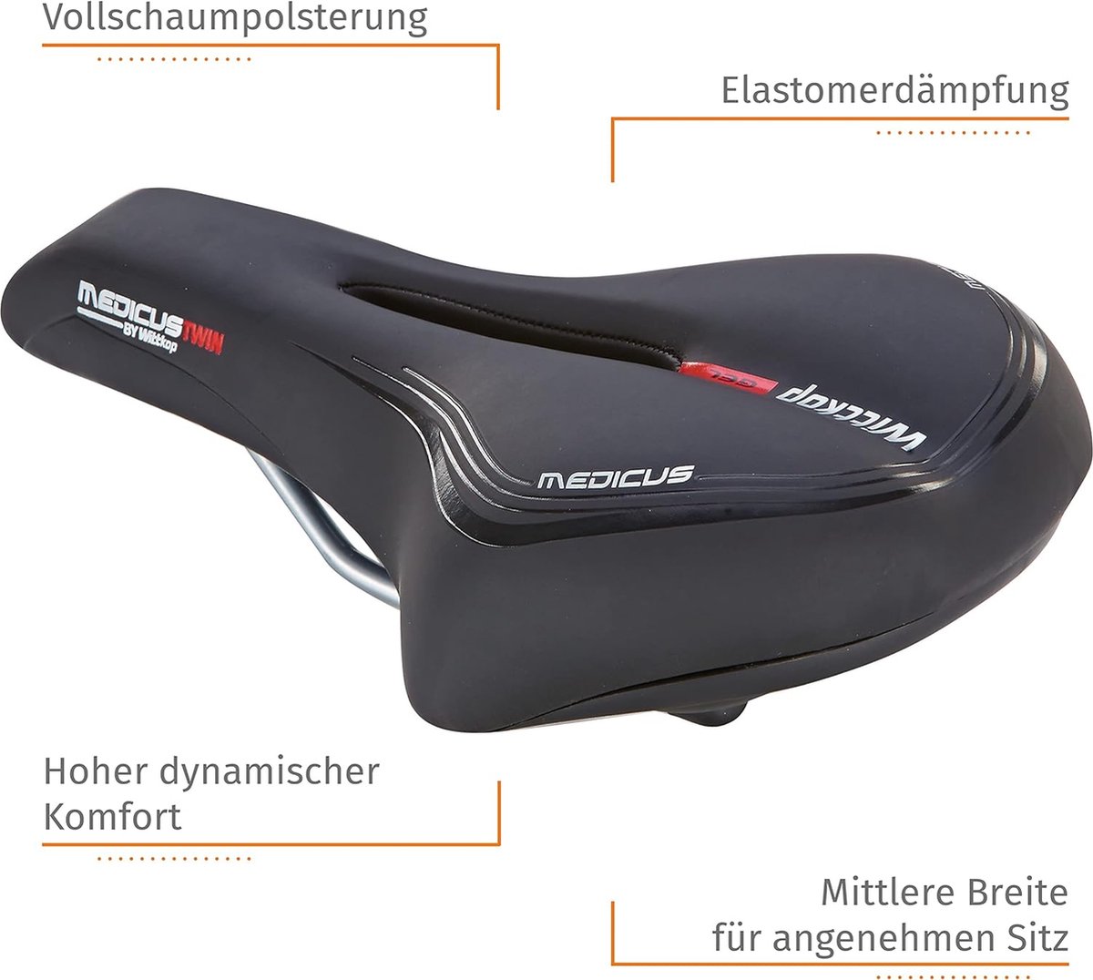 Wittkop Medicus Twin zadel, trekkingszadel, fietszadel, gelinzet en elastomeerdemping, 5-zones bekleding, zwart