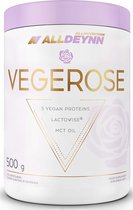 Alldeynn | Vegerose | Vegan proteine | White chocolate Raspberry | with pieces Raspberry 500gr 16 servings | Lactose vrij | Plantaardige Eiwit | Eiwitten | Lactowise | Enzymen | 5 verschillende soorten vegan eiwitten | MCT olie | Nutriworld