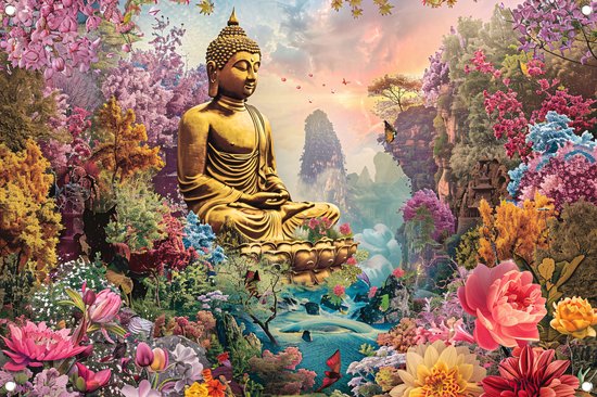 Affiche de jardin Bouddha - Affiches sculptures - Posters de jardin Fleurs - Décoration de clôture - Affiches de Jardin - Posters affiche de jardin 90x60 cm