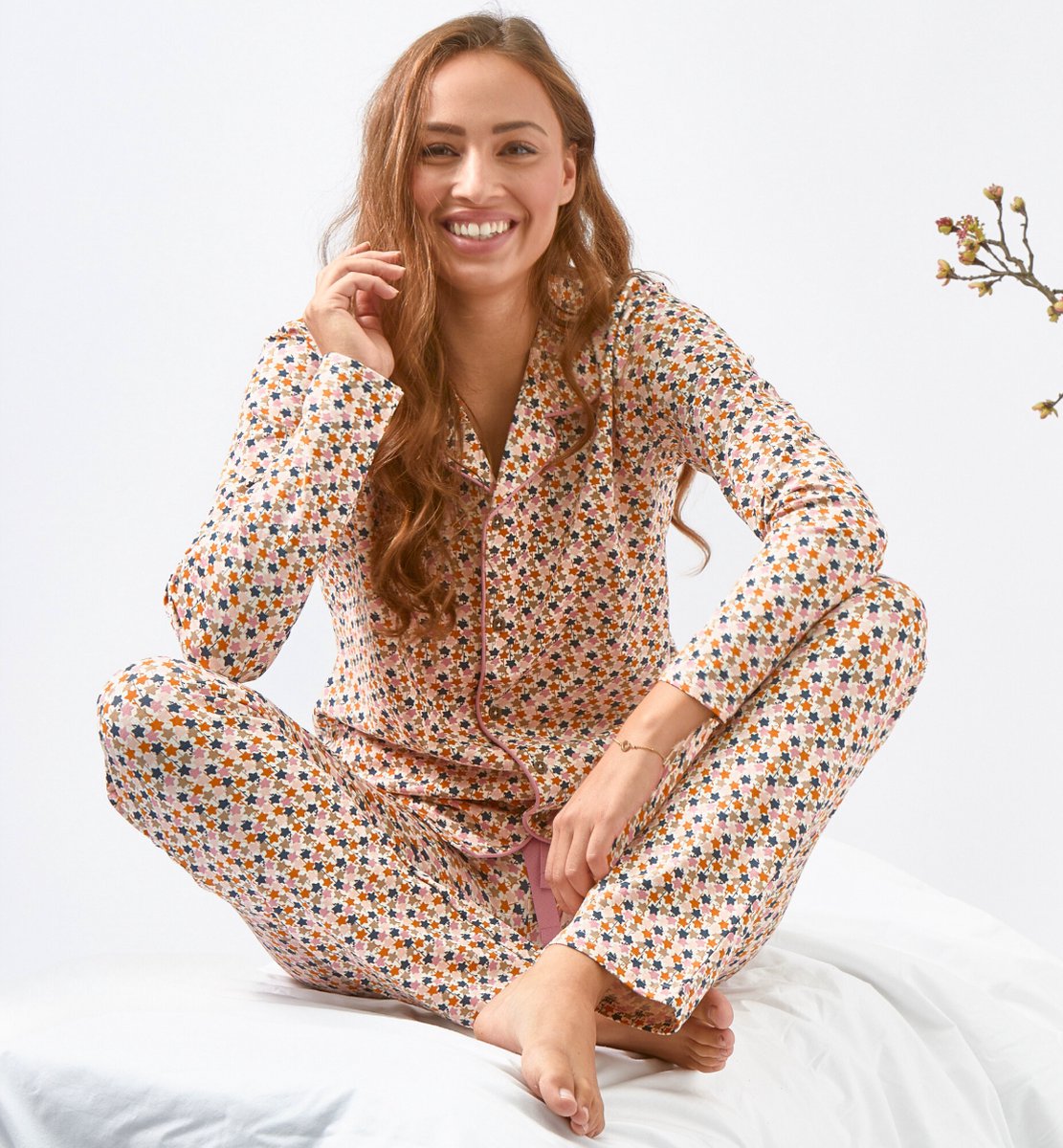 Little Label dames pyjama - roze bladeren-36 - Zachte BIO Katoen