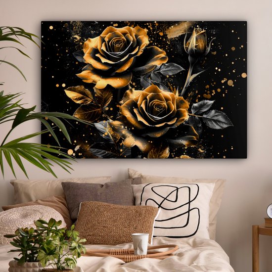 Peinture sur toile 120x80 cm - Décoration murale Roses - Or - Zwart - Fleurs - Moderne - Décoration murale salon - Décoration chambre moderne - Tableaux abstraits