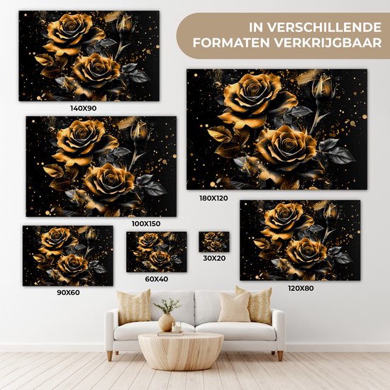 Peinture sur toile 120x80 cm - Décoration murale Roses - Or - Zwart - Fleurs - Moderne - Décoration murale salon - Décoration chambre moderne - Tableaux abstraits
