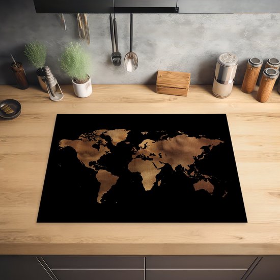 KitchenYeah® Protection induction 70x50 cm - Wereldkaart - Zwart - Bronze - Accessoires de plaque de cuisson - Plaque de recouvrement pour table de cuisson - Protection induction - Tapis induction - Tapis plaque induction - Décoration Cuisine