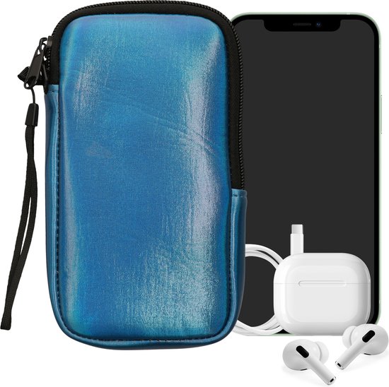 kwmobile sac de téléphone universel adapté aux smartphones XXL - 7" - 17,7 x 8,5 cm - Étui avec fermeture éclair et dragonne -En bleu caraïbes métallisé -