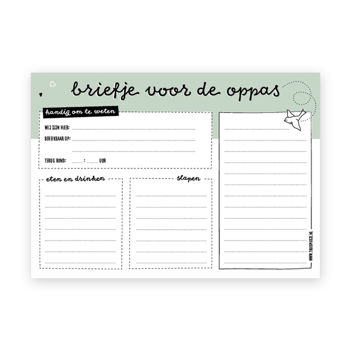 Briefje voor de oppas - Notitieblokje jonge ouders - A5 formaat - Thuismusje