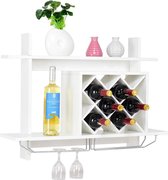 Wijnrek met wijnglashouder en flessenrek - hangplank voor wijnflessen - houten wijnkast in wit