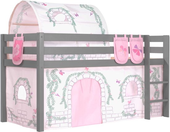 Halfhoogslaper Charlotte met bedtent, -tunnel & opbergzakjes Birdy - grijs