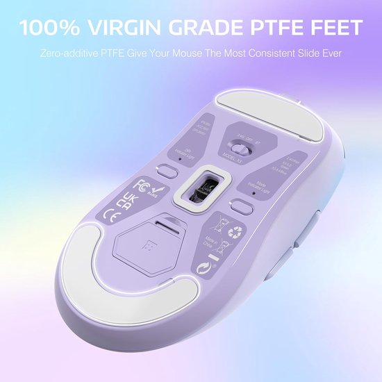 Onderkant van een lichtpaarse gamingmuis met de 100% PTFE-voetjes, de USB-ontvanger en productcertificeringen.