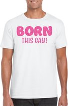 Bellatio Decorations Gay Pride T-shirt voor heren - born this gay - wit - roze glitter - LHBTI M