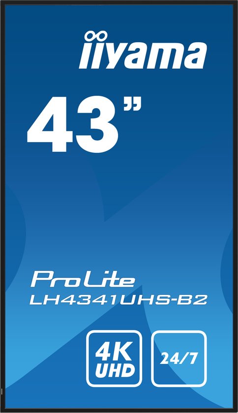 Verticale Iiyama ProLite LH4341UHS-B2 monitor met blauwe achtergrond. Toont "43"", "4K UHD" en "24/7".