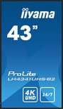 Verticale Iiyama ProLite LH4341UHS-B2 monitor met blauwe achtergrond. Toont "43"", "4K UHD" en "24/7".