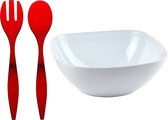 Plasticforte Salade/sla serveerschaal - wit - kunststof - D28 X H11 cm - met sla bestek - rood - 29 cm