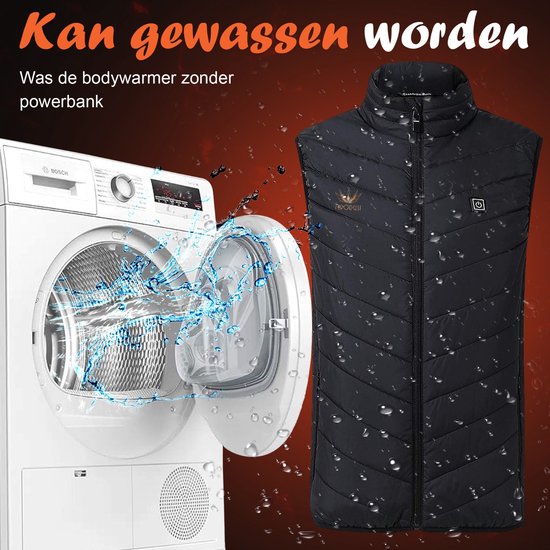Zwarte bodywarmer die gewassen kan worden, naast een wasmachine met water dat eruit spuit.