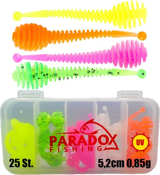Paradox Fishing Forelrubber Set – 25 Stuks Met Box, UV-actief, 5,2 Cm, 0,85 G, Ideaal Voor Forelvissen