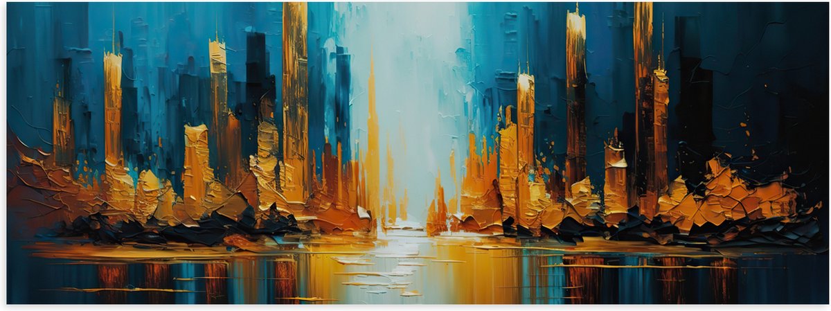 Poster Glanzend – Schilderij - Verf - Blauw - Geel - 150x50 cm Foto op Posterpapier met Gl
