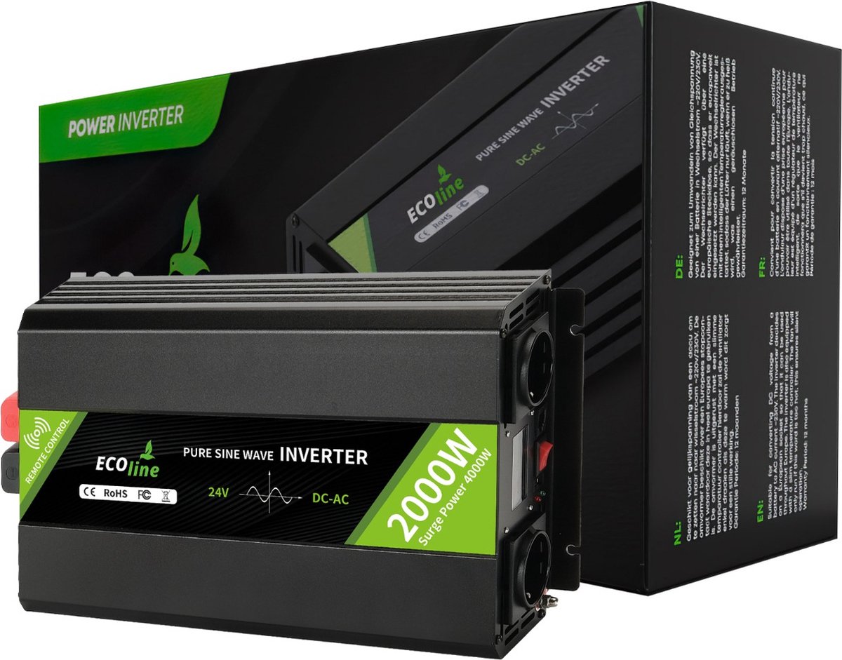 EcoLine - Omvormer 24V Naar 230V - 2000w Vermogen 4000w Piek- Zuivere sinus - Spanningomvormer - Remote Controlled