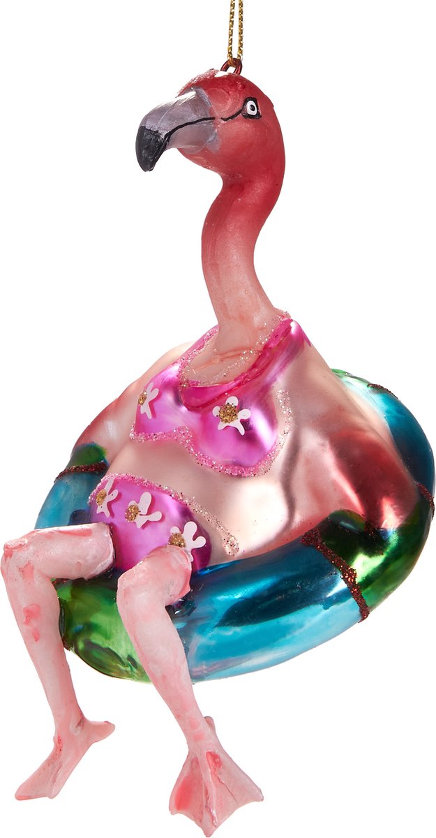 BRUBAKER Grappige Flamingo met Bikini en Zwemring - Handbeschilderde Kerstbal van Glas - Handgeblazen Kerstboomversieringen Figuren Grappige Decoratie Hangers Boombal - 8,5 cm