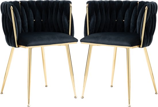 Merax Velvet Dining Chair Set de 2 - Chaises en velours - Zwart avec or
