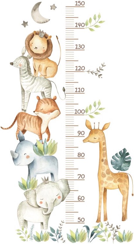 Toise Chambre d'enfant - Chambre de bébé - Muursticker - Animaux sauvages - Jungle - Girafe - Éléphant - Lion - Tige à mesurer - PVC - 62x112cm - Décoration murale