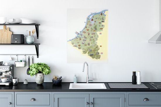 Kaart van Nederland met oriëntatiepunten 60x80 cm - Foto print op Poster (wanddecoratie woonkamer / slaapkamer)