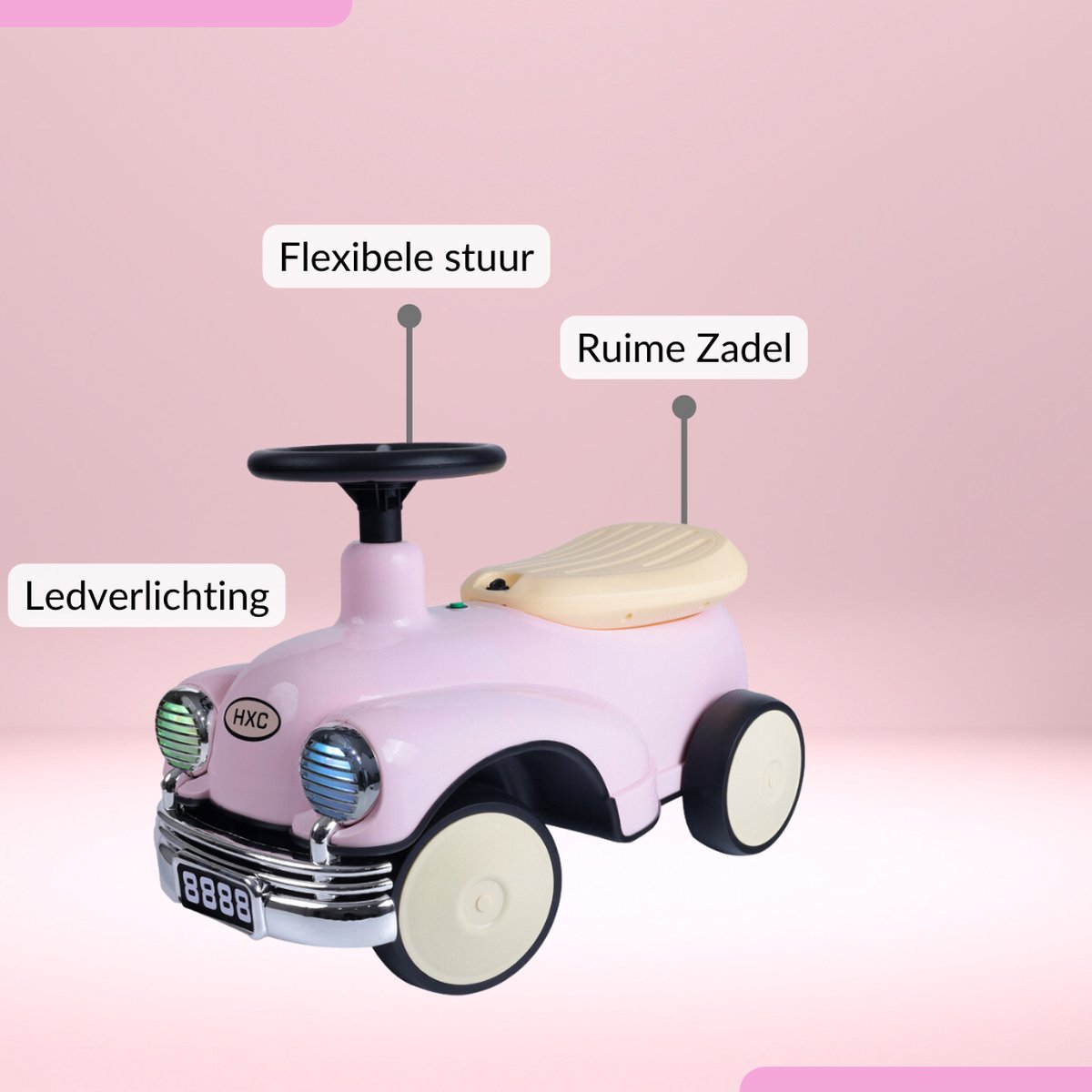 Buxibo Retro Loopauto | Loopwagen voor Jongens & Meisjes | 1-3 jaar | Veilig | Stimuleert Motorische Vaardigheden | Roze - 58x29x38cm — afbeelding 12