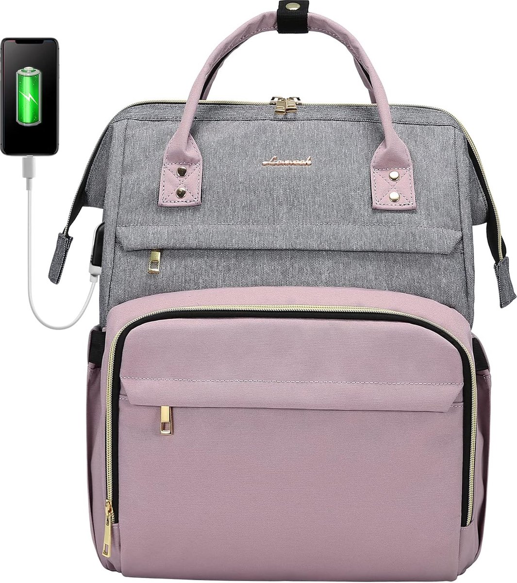 Laptoptas 15.6 inch - Grijs/roze - Rugzak voor laptops - 41 x 30 x 19 cm - Rugtas voor school, werk, kantoor, reizen